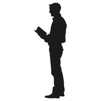 Silhouette Of Man Standing Reading Book In Profile Isolated On White Background vector