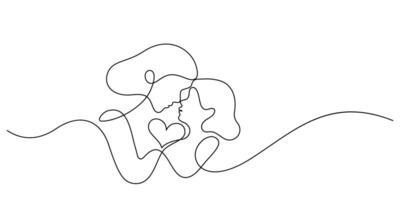 mother and daughter with heart shape one line continuous vector