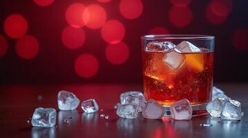 A glass filled with a dark red beverage, accompanied by ice cubes, set against a backdrop of soft, red bokeh lights. photo