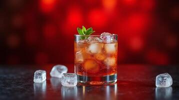 The image showcases a captivating, vibrant red background, complemented by a meticulously arranged ice cube, exuding a sense of sophistication and elegance. photo
