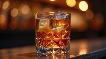 Alcohol glass with ice against bokeh background. photo