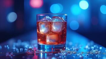 A glass of whiskey with ice cubes on a table, with a blurred background. photo
