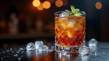 A crystal-clear glass brimming with a vivid amber beverage, garnished with a sprig of mint, sits amidst scattered ice cubes on a reflective surface, against a softly illuminated backdrop. photo