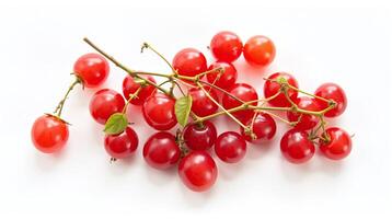 Bunch of red cherries with green leaves on a white background. photo