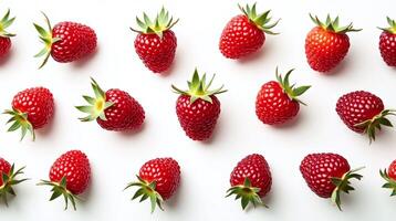 The image features an array of vibrant red raspberries, meticulously arranged in a symmetrical pattern against a pristine white background. photo