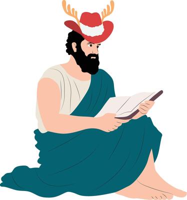 A man in a deer hat is reading a book
