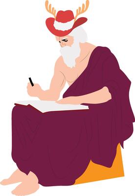 A cartoon man in a red hat writing a book