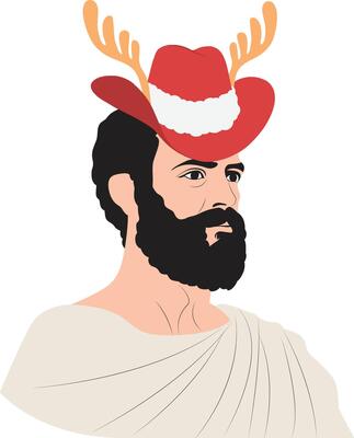A man wearing a red hat with antlers on his head