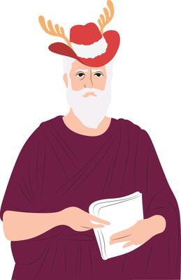 A cartoon man wearing a red hat and holding a book