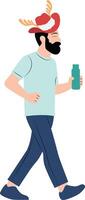 A man with a beard and a hat is walking and holding a bottle vector