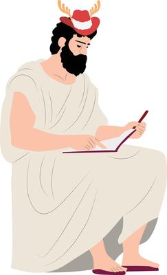 A man in a roman costume is writing on a book