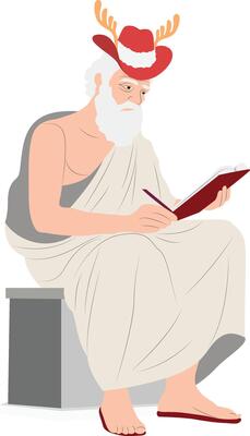 A cartoon man wearing a santa hat and reading a book
