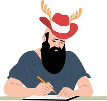 A man with a beard and antlers writing in a notebook vector