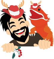 A man with a beard and hat is holding a lizard vector