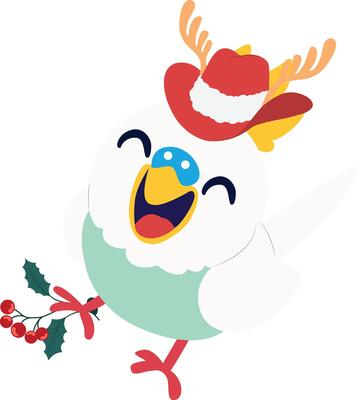 A cartoon bird wearing a hat and holding a holly branch
