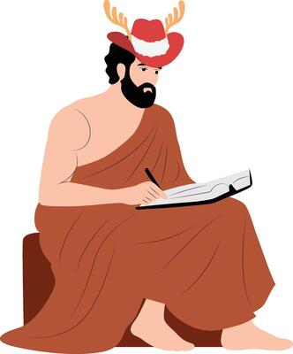 A man in a deer head hat is writing on a book