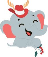 A cartoon elephant wearing a hat and holding a holly branch vector