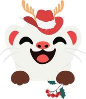 A cartoon white mouse wearing a red hat and holding a holly branch vector