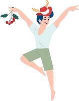 A man in a hat and shorts is dancing with a holly branch vector