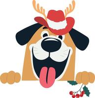A cartoon dog wearing a santa hat and holding a holly branch vector