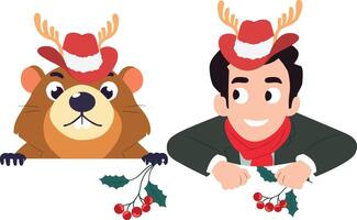 Two cartoon characters with hats and horns vector