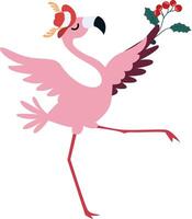 A cartoon flamingo with a holly branch in its beak vector