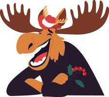 A cartoon moose with a red hat and a holly branch vector