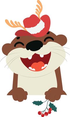 A cartoon otter wearing a hat and holding a holly branch
