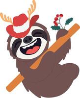 A cartoon slotty sloth is holding a stick with a holly branch vector