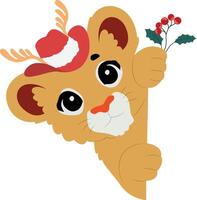 A cartoon lion wearing a hat and holding a holly branch vector
