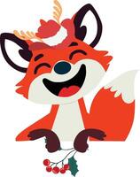 A cartoon fox with a holly branch and berries vector
