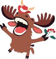 A cartoon moose with a red hat and berries vector
