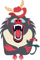 A cartoon monkey wearing a santa hat and holding a holly branch vector