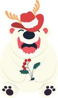 A cartoon polar bear wearing a hat and holding a holly vector