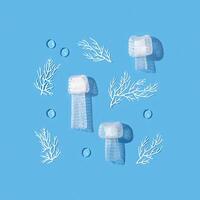 Pattern with sea animals jellyfish and corals from plastic underwater, creative flat lay pollution ocean, microplastics pollution ecology problem. Environmental issue, plastic pollution concept. photo