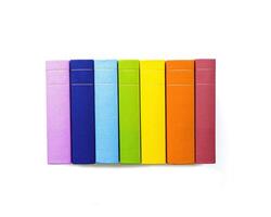 Multicolor edbooks minimal pattern with bright colorful cover, handback books, Top view mockup for library, education theme. Read paper book and study concept. Isolated on white background photo