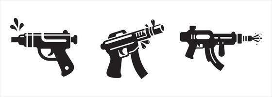 Set of black silhouette toy water guns with playful splash effects in minimal style perfect for fun summer activities and playful themes vector