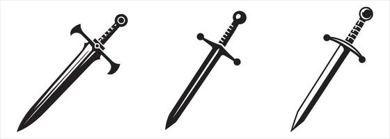 Classic Medieval Swords Silhouettes with Detailed Handles and Sharp Blades Depicting Ancient Weaponry for Knight and Fantasy Design Themes vector
