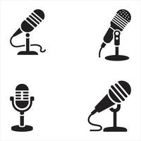 Retro and Modern Microphone Icons in Black Silhouette Style for Music Recording Broadcasting Podcast and Audio Equipment Concepts vector