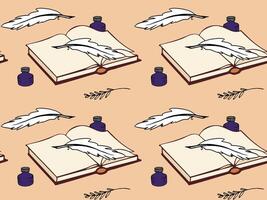 Vintage-style pattern with open books, ink bottles, quill pens, and delicate branches on a soft background. Ideal for stationery, journals, or fabric prints. vector
