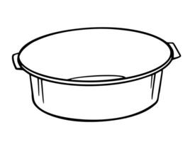 Simple black and white illustration of a round plastic basin with handles. Ideal for coloring pages, housework visuals, cleaning tutorials, or kitchen design. vector