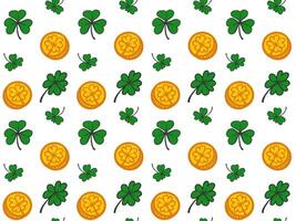 Seamless Pattern of green clovers and golden coins on a white background, ideal for St. Patricks Day projects, gift wrap, cards, fabric, and digital decor. vector