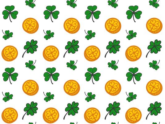 Seamless Pattern of green clovers and golden coins on a white background, ideal for St. Patricks Day projects, gift wrap, cards, fabric, and digital decor.