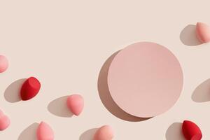 Makeup sponges and geometric pink platform on beige color. Mock up Cosmetic background for product presentation or foundation cream. Top view sponges and podium to show cosmetic products photo