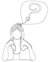 Character hand drawn of lady with question mark quiz confuse question woman with continuous line. vector
