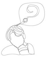 Line art concept of male boy or man with question mark quiz confuse question with continuous hand drawn. vector