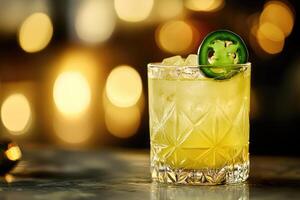 A cocktail with a jalapeno garnish on top photo