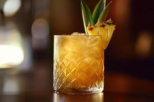 A drink with a pineapple garnish sitting on a table photo