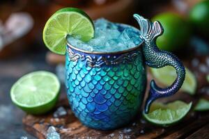 A blue and green mug with a mermaid tail on top photo