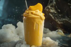 A smoothie with a straw and ice on top photo